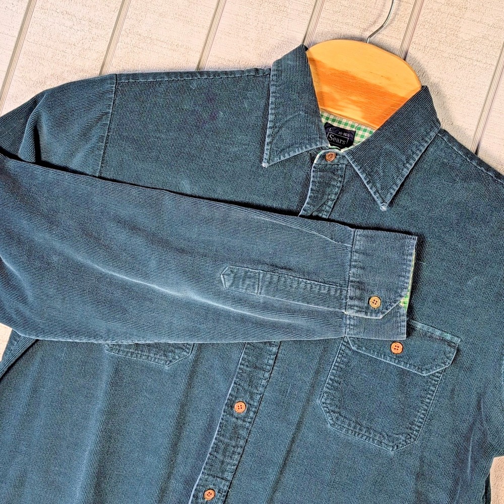 Sears X-Tall Corduroy Button Down Shirt Teal Blue Long Sleeve Men's L